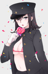 Rule 34 | 10s, 1girl, :o, akitsu maru (kancolle), black eyes, black hair, blush, bra, breasts, candy, cleavage, confetti, female focus, food, gloves, hat, highres, kantai collection, large breasts, lollipop, looking at viewer, military, military uniform, navel, oniku (oishii oniku), open clothes, open mouth, open shirt, peaked cap, shirt, short hair, skirt, solo, underwear, uniform, white gloves