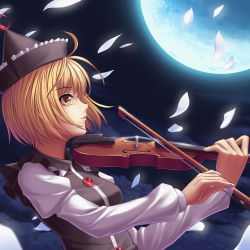 Rule 34 | 1girl, athrun1120, bad id, bad pixiv id, blonde hair, bow (music), cloud, crescent, female focus, fingernails, full moon, hat, instrument, light smile, lips, long sleeves, looking up, lunasa prismriver, moon, night, night sky, nose, petals, profile, short hair, sky, solo, touhou, upper body, vest, violin, wind, yellow eyes
