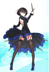 Rule 34 | 1girl, backless outfit, black dress, black footwear, black hair, closed mouth, counter:side, dagger, dress, elizabeth pendragon, full body, garter straps, green eyes, hair between eyes, high heels, highres, holding, holding dagger, holding knife, holding weapon, knife, long sleeves, looking at viewer, looking back, osunahanko, pumps, shoes, short hair, shoulder blades, solo, stiletto heels, thighhighs, twisted torso, weapon, white background
