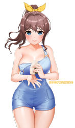 Rule 34 | 1girl, areola slip, bang dream!, bare legs, bare shoulders, blue eyes, blush, bow, breasts, brown hair, closed mouth, cowboy shot, denim, denim shorts, dopamine70, food, hair bow, high ponytail, highres, holding, holding food, looking at viewer, medium breasts, medium hair, naked overalls, onigiri, overall shorts, overalls, ponytail, rice, shorts, sidelocks, simple background, sleeveless, smile, solo, standing, strap slip, thigh gap, thighs, twitter username, white background, yamabuki saya, yellow bow