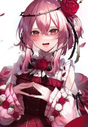 Rule 34 | 1girl, absurdres, arahenas, black bow, blush, bow, clothing cutout, dress, flower, hair between eyes, hair flower, hair ornament, highres, looking at viewer, medium hair, nijisanji, nijisanji en, open mouth, own hands together, petals, pink hair, plant, red dress, red flower, red rose, rose, rosemi lovelock, rosemi lovelock (1st costume), short sidetail, shoulder cutout, smile, solo, thorns, upper body, vines, virtual youtuber, white background