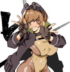 Rule 34 | 1girl, banssee, bodysuit, breasts, brownie (last origin), chest strap, double v, fingerless gloves, gloves, goggles, goggles on head, grin, highres, jacket, large breasts, last origin, looking at viewer, short hair, skindentation, smile, solo, v