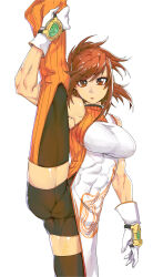 Rule 34 | 1girl, abs, absurdres, bare shoulders, bike shorts, breasts, brown eyes, brown hair, covered abs, dungeon and fighter, fighter (dungeon and fighter), flexible, gloves, highres, large breasts, leg up, lips, minew, muscular, muscular female, navel, nose, orange pants, orange shirt, pants, ponytail, shirt, solo, striped clothes, striped pants, two-tone shirt, white gloves, white shirt