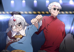 Rule 34 | 2boys, black eyes, blood, broken eyewear, changpao, chinese clothes, clenched teeth, closed mouth, fate/grand order, fate (series), fist bump, glasses, han xin (fate), helmet, li shuwen (fate), li shuwen (old) (fate), looking at another, male focus, multiple boys, aged up, round eyewear, teeth, tsuezu, white hair