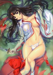 Rule 34 | 1girl, absurdres, bare legs, black hair, breasts, clenched teeth, curvy, eiwa, fingernails, floating breasts, from above, fundoshi, hakama, hakama skirt, headband, highres, hip focus, japanese clothes, katana, large breasts, legs, lips, long hair, looking at viewer, lying, midriff, miko, musha miko tomoe, navel, no bra, on back, open clothes, open shirt, partially submerged, purple eyes, queen&#039;s blade, queen&#039;s blade vanquished queens, red hakama, ribbon-trimmed sleeves, ribbon trim, see-through, shirt, skirt, solo, submerged, sword, tabi, teeth, tomoe (queen&#039;s blade), tomoe (queen's blade), wardrobe malfunction, water, weapon, wet, wet clothes, wide hips