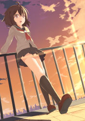 Rule 34 | 1girl, ahoge, brown eyes, brown hair, cardigan, cityscape, female focus, fence, glasses, gradient background, highres, momo no kanzume, open mouth, original, outdoors, rooftop, school uniform, short hair, skirt, sky, smile, solo, sunset, sweater, uniform