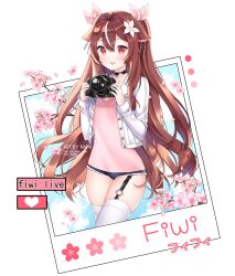Rule 34 | 1girl, animal ears, black choker, black shorts, branch, brown hair, camera, cherry blossoms, choker, commission, cutoffs, garter straps, hair ornament, highres, holding, holding camera, indie virtual youtuber, jacket, kanzashi, lilya kyomi (fiwivt), long hair, long sleeves, looking at viewer, micro shorts, multicolored hair, nami (nyaa), open clothes, open jacket, open mouth, pink shirt, red eyes, shirt, shorts, single garter strap, smile, solo, streaked hair, thighhighs, thighs, very long hair, virtual youtuber, white jacket, white thighhighs