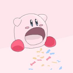 Rule 34 | blue eyes, blush stickers, candy, commentary request, food, jaggy lines, kirby, kirby (series), lokulo no mawashimono, lowres, nintendo, no humans, pet bed, pink background, product placement, simple background, still life, wrapped candy