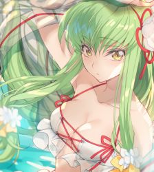 Rule 34 | 1girl, arm up, bare shoulders, bikini, bow, breasts, c.c., cleavage, code geass, collarbone, creayus, flower, green hair, hair bow, hair flower, hair ornament, hair ribbon, long hair, looking at viewer, medium breasts, parted lips, red ribbon, ribbon, see-through, sidelocks, solo, swimsuit, upper body, very long hair, white bikini, white flower, yellow bow, yellow eyes