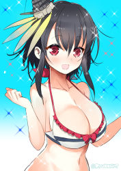Rule 34 | 10s, 1girl, bikini, black hair, breasts, cleavage, hair ornament, heart, heart-shaped pupils, kantai collection, large breasts, naitou ryuu, open mouth, red eyes, short hair, smile, solo, swimsuit, symbol-shaped pupils, yamashiro (kancolle)