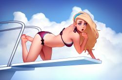Rule 34 | 1girl, all fours, barefoot, bikini, black bow, blonde hair, blue hairband, blue sky, bow, breasts, character request, check character, cloud, cloudy sky, day, diving board, earrings, female focus, from side, full body, hairband, highres, jewelry, large breasts, league of legends, long hair, lux (league of legends), open mouth, outdoors, red bikini, sky, solo, swimsuit, teeth, tsuaii, upper teeth only