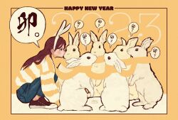 Rule 34 | 1girl, 2023, animal ears, blending, blue pants, blush, brown footwear, brown hair, chinese zodiac, commentary, english text, fake animal ears, hairband, happy new year, highres, long hair, new year, original, pants, profile, rabbit ears, scarf, shirt, shoes, signature, solo, speech bubble, squatting, striped clothes, striped shirt, syooooyoooo, white hairband, white rabbit (animal), year of the rabbit, yellow background, yellow scarf
