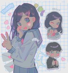Rule 34 | 1boy, 1girl, bell pepper, black hair, blue eyes, blue sailor collar, blunt bangs, blush, character name, cinnamoroll, closed mouth, commentary, ear blush, eggplant, english commentary, food, gakuran, grey background, grid background, hair ornament, hairclip, hand on own face, heart, highres, kageyama shigeo, letter, littlebunniboo, long hair, long sleeves, looking at viewer, love letter, mob psycho 100, neckerchief, one eye closed, open mouth, pepper, sailor collar, school uniform, serafuku, shirt, short hair, simple background, skirt, smile, sticker on face, takane tsubomi, upper body, v, vegetable, white shirt