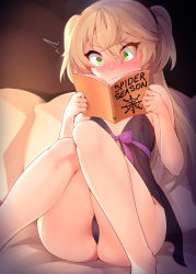 Rule 34 | 1girl, babydoll, black babydoll, blonde hair, blush, book, cameltoe, closed mouth, embarrassed, english text, fischl (genshin impact), frown, genshin impact, green eyes, helltaker, highres, holding, holding book, long hair, modeus (helltaker), nipples, nose blush, open mouth, reading, ricegnat, see-through, sitting, solo, surprised, two side up