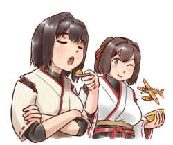 Rule 34 | 2girls, aircraft, airplane, bowl, brown eyes, brown hair, commentary request, cropped torso, crossed arms, e16a zuiun, closed eyes, feeding, hair intakes, hair ribbon, hyuuga (kancolle), ise (kancolle), japanese clothes, kantai collection, karasu (naoshow357), multiple girls, open mouth, ponytail, remodel (kantai collection), ribbon, short hair, short ponytail, simple background, spoon, undershirt, upper body, white background