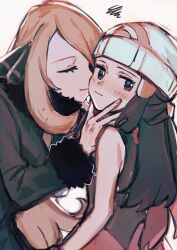 Rule 34 | 2girls, beanie, black coat, black hair, blonde hair, blush, chikiso, closed mouth, coat, commentary, couple, creatures (company), cynthia (pokemon), dawn (pokemon), fur-trimmed coat, fur-trimmed sleeves, fur collar, fur trim, game freak, hair ornament, hair over one eye, hairclip, hand on another&#039;s face, hat, highres, long hair, long sleeves, multicolored eyes, multiple girls, nintendo, pink skirt, poke ball print, poke ball symbol, pokemon, pokemon dppt, scarf, skirt, sleeveless, smile, white headwear, yuri