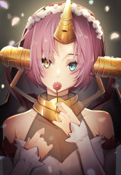 Rule 34 | 1girl, bad id, bad pixiv id, bare shoulders, blue eyes, cleavage, collarbone, commentary request, fate/grand order, fate (series), flower, frankenstein&#039;s monster (fate), heterochromia, highres, holding, holding flower, horns, looking at viewer, pink hair, see-through, see-through cleavage, short hair, single horn, skoll world, solo, upper body, white sleeves, yellow eyes