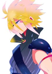 Rule 34 | 1boy, black shirt, blonde hair, blue eyes, closed mouth, cloud strife, commentary request, eyelashes, final fantasy, final fantasy vii, from side, light particles, male focus, shirt, short hair, simple background, solo, upper body, white background, yasaikakiage