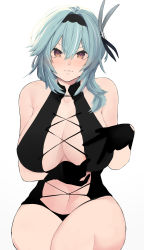 Rule 34 | 1girl, absurdres, alternate costume, asymmetrical hair, black gloves, black leotard, blue hair, breast hold, breasts, center opening, cleavage, closed mouth, commentary, cowboy shot, cross-laced clothes, embarrassed, english commentary, eula (genshin impact), eyelashes, genshin impact, gloves, hair between eyes, hair ornament, hairband, highres, large breasts, layer (shinobu), leotard, light blue hair, looking at viewer, medium hair, multicolored eyes, navel, purple eyes, revealing clothes, sideboob, simple background, sitting, sleeveless, solo, stomach, sweatdrop, thighs, v-shaped eyebrows, wavy mouth, white background, yellow eyes