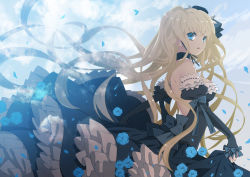 Rule 34 | 1girl, bare shoulders, blonde hair, blue eyes, blue theme, bow, breasts, bridal gauntlets, choker, cleavage, clothes lift, dress, dress lift, elbow gloves, fingerless gloves, flower, frills, gathers, gloves, gothic lolita, lolita fashion, long hair, mami (apsaras), original, profile, rose, solo, too many