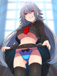 Rule 34 | 1girl, ahoge, angry, black nails, black shirt, black skirt, black thighhighs, blue panties, blurry, blurry background, blush, breasts, clenched teeth, clothes lift, commentary request, fate/grand order, fate (series), from below, gluteal fold, hair between eyes, highres, jeanne d&#039;arc (fate), jeanne d&#039;arc alter (avenger) (fate), jeanne d&#039;arc alter (fate), large breasts, lifting own clothes, long hair, looking at viewer, mikan (chipstar182), nail polish, panties, shaded face, shirt, silver hair, skirt, skirt lift, solo, teeth, thighhighs, underboob, underwear, wedgie, yellow eyes