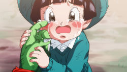 Rule 34 | 1boy, 1girl, black eyes, black hair, blush stickers, child, colored skin, comforting, crying, crying with eyes open, dragon ball, dragon ball super, dragon ball super super hero, green skin, hat, looking at viewer, open mouth, pan (dragon ball), piccolo, pov, pov hands, rom (20), tears