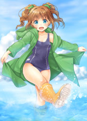 Rule 34 | 1girl, :d, blue eyes, blush, boots, brown hair, cloud, coat, courreges ace, day, frog, hair ornament, idolmaster, idolmaster (classic), jacket, jacket over swimsuit, kicking, one-piece swimsuit, open mouth, rubber boots, school swimsuit, sky, smile, solo, splashing, swimsuit, takatsuki yayoi, twintails, wading, water