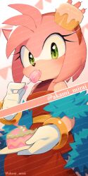 Rule 34 | 1girl, amy rose, animal ears, animal nose, artist name, bare shoulders, belt, blush, bracelet, breasts, cake, cake slice, dress, eating, eyelashes, fang, food, fork, fur trim, furry, furry female, gloves, gold bracelet, gradient background, green eyes, hairband, hedgehog ears, hedgehog girl, holding, holding fork, holding plate, iiimirai, jewelry, looking at viewer, medium breasts, open mouth, pink background, pink fur, plate, red dress, red hairband, simple background, sitting, sleeveless, sleeveless dress, solo, sonic (series), the murder of sonic the hedgehog, watermark, white background, white gloves, yellow belt
