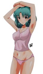 Rule 34 | 1girl, armpits, arms up, artist name, breasts, brown eyes, cleavage, commentary, cowboy shot, green hair, groin, hands on own head, highres, idolmaster, idolmaster million live!, looking at viewer, medium breasts, medium hair, panties, parted lips, pink panties, pink shirt, ponpon, shirt, signature, simple background, solo, standing, tokugawa matsuri, underwear, underwear only, white background