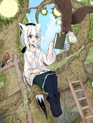 1girl ahoge animal_ear_fluff animal_ears beret bird black_footwear black_hat blue_pantyhose blue_sky book boots braid cloud commentary_request day eagle fox_ears fox_girl fox_tail full_body green_skirt hair_between_eyes hand_up hat highres holding holding_book hololive in_tree ladder long_hair long_sleeves official_alternate_costume open_book open_mouth outdoors pantyhose ribbon shirakami_fubuki shirakami_fubuki_(street) shirt side_braid sidelocks single_braid sitting sitting_in_tree skirt sky smile solo tail tree virtual_youtuber white_hair white_ribbon white_shirt yurai0739