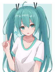 Rule 34 | 1girl, ?, ahoge, aqua background, aqua eyes, aqua hair, collarbone, commentary, framed image, furrowed brow, hand up, hatsune miku, highres, long hair, looking at viewer, maud0239, open mouth, outside border, shirt, short sleeves, solo, twintails, upper body, v, very long hair, vocaloid, white shirt
