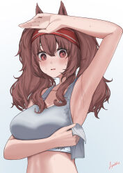 Rule 34 | 1girl, absurdres, angelina (arknights), animal ears, arknights, arm up, armpits, blush, breasts, brown hair, fourtwelve, fox ears, hairband, highres, large breasts, long hair, looking at viewer, midriff, open mouth, red eyes, red hairband, solo, sports bra, sweat, twintails, upper body, white sports bra