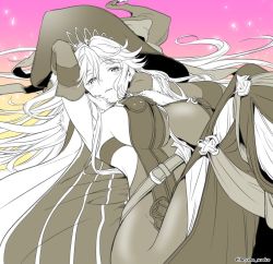 Rule 34 | 1girl, arm up, belt, blush, breasts, cape, cleavage, dress, elbow gloves, gloves, gradient background, granblue fantasy, greyscale, greyscale with colored background, hand in own hair, hat, heysho, large breasts, long hair, looking at viewer, lying, magisa (granblue fantasy), monochrome, on back, see-through, see-through cleavage, sideboob, sleeveless, sleeveless dress, solo, twitter username, witch hat