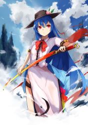 Rule 34 | 1girl, adapted costume, black hat, blue bow, blue hair, bow, cloud, cloudy sky, commentary request, day, dress, food, fruit, hat, hinanawi tenshi, holding, holding weapon, large bow, long dress, long hair, peach, rainbow gradient, rainbow order, red bow, red eyes, short sleeves, sky, solo, standing, sword of hisou, tetsurou (fe+), touhou, weapon