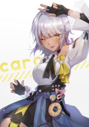 Rule 34 | 1girl, althea jade, bare shoulders, black gloves, black shorts, blue jacket, carole pepper, character name, closed mouth, clothes around waist, dark-skinned female, dark skin, earrings, fingerless gloves, gloves, highres, honkai (series), honkai impact 3rd, jacket, jacket around waist, jewelry, one eye closed, shirt, short hair, shorts, simple background, single earring, smile, solo, tongue, tongue out, v, white background, white hair, white shirt