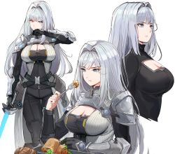 Rule 34 | 1girl, armor, blue eyes, breast tattoo, breasts, chewing, cleavage, cleavage cutout, clothing cutout, eating, ethel (xenoblade), food, grey hair, hair intakes, highres, large breasts, long hair, ormille, shoulder armor, solo, swallowing, tattoo, very long hair, white hair, xenoblade chronicles (series), xenoblade chronicles 3