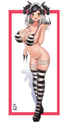 Rule 34 | 1girl, absurdres, bikini, black hair, blush, bottomless, breasts, censored, cleavage, cleft of venus, highres, horns, looking at viewer, multicolored hair, open mouth, original, pussy, saliva, silver hair, smile, solo, striped clothes, striped thighhighs, swimsuit, t3x, thighhighs