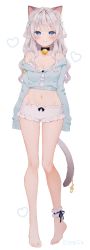 Rule 34 | 1girl, amanagi el, animal ear fluff, animal ears, bare shoulders, barefoot, bell, black choker, bloomers, blue eyes, blue shirt, breasts, cat ears, cat girl, cat tail, choker, cleavage, closed mouth, collarbone, copyright request, crop top, feet, frills, full body, hair ornament, highres, indie virtual youtuber, jingle bell, kinako (shiratama mochi), long hair, long sleeves, looking at viewer, midriff, navel, off-shoulder shirt, off shoulder, shirt, short shorts, shorts, silver hair, sleeves past fingers, sleeves past wrists, small breasts, smile, solo, spaghetti strap, standing, stomach, tail, thighs, two side up, undershirt, underwear, virtual youtuber, wavy hair