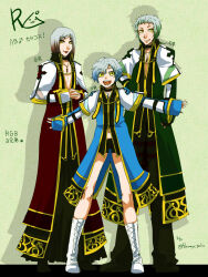 Rule 34 | 3boys, 3girls, arch bishop (ragnarok online), bishounen, black pants, black shirt, black shorts, blue coat, boots, capelet, choker, closed mouth, coat, commentary request, copyright name, cross-laced footwear, flowery peko, full body, gold trim, gradient hair, green background, green coat, grey hair, lips, long sleeves, looking at viewer, male focus, medium bangs, multicolored hair, multiple boys, multiple girls, navel, official alternate costume, open clothes, open coat, open mouth, pants, poring, ragnarok online, red coat, red hair, shadow, shirt, short bangs, short hair, shorts, smile, standing, swept bangs, teeth, translation request, white capelet, white footwear, yellow eyes