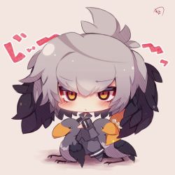 Rule 34 | 10s, 1girl, animal, bird, bird wings, black hair, blush, chibi, closed mouth, collared shirt, commentary request, feathered wings, grey hair, grey pantyhose, grey shirt, grey shorts, hair between eyes, head wings, kemono friends, long sleeves, looking at viewer, multicolored hair, muuran, necktie, no shoes, orange eyes, orange hair, pantyhose, shirt, shoebill, shoebill (kemono friends), shorts, signature, solo, standing, staring, translation request, white necktie, wings