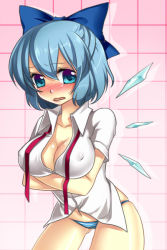 Rule 34 | 1girl, alternate breast size, blue eyes, blue hair, blush, breast hold, breasts, cirno, cleavage, covered erect nipples, crossed arms, large breasts, lowleg, lowleg panties, masaru.jp, matching hair/eyes, no pants, open mouth, panties, short hair, skindentation, solo, striped clothes, striped panties, touhou, unbuttoned, underwear, wings