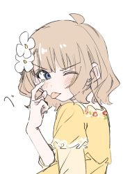 Rule 34 | absurdres, ahoge, akanbe, blue eyes, blush, child, commentary request, dress, eyelid pull, floral print, flower, frilled sleeves, frills, hair flower, hair ornament, hand up, highres, idolmaster, idolmaster million live!, index finger raised, light brown hair, long sleeves, looking at viewer, meeeeeeco359, print dress, short hair, sidelocks, simple background, solo, suou momoko, tongue, tongue out, upper body, v-shaped eyebrows, wavy hair, white background, yellow dress