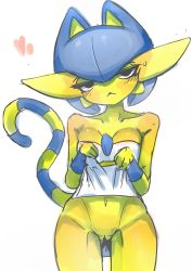 Rule 34 | 1girl, :&lt;, absurdres, animal crossing, animal ears, ankha (animal crossing), ashraely, bare shoulders, black eyes, blue hair, blush, bob cut, breasts, breath, cat ears, cat tail, collarbone, colored skin, cowboy shot, creatures (company), female focus, flashing, furry, furry female, fusion, game freak, gardevoir, gen 3 pokemon, gluteal fold, groin, half-closed eyes, hands up, head tilt, heart, highres, loincloth, loincloth lift, looking at viewer, medium breasts, navel, nintendo, no panties, parted lips, pokemon, pokemon (creature), pussy, shiny skin, short hair, simple background, sketch, solo, standing, sweat, tail, uncensored, white background, wristband, yellow skin