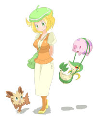 Rule 34 | 1girl, ahoge, between breasts, bianca (pokemon), blonde hair, blush, breasts, commentary request, creatures (company), game freak, gen 5 pokemon, green eyes, hat, jacket, lillipup, medium breasts, munna, nikki (jpk4lion), nintendo, pokemon, pokemon (creature), pokemon bw, short hair, smile, snivy, standing, strap between breasts