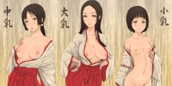 Rule 34 | 3girls, artist request, blush, breasts, brown hair, bust chart, chart, flat chest, honoji, japanese clothes, long hair, medium breasts, miko, multiple girls, nipples, nude, open clothes, open shirt, ponytail, shirt, short hair, small breasts, translated, yellow eyes