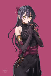 Rule 34 | 1girl, absurdres, bare shoulders, black dress, black gloves, blue hair, cowboy shot, dress, elbow gloves, finger to mouth, ghode (basashi), gloves, hand on own chest, highres, index finger raised, long hair, looking at viewer, love live!, love live! school idol project, magenta background, pink background, simple background, smile, soldier game, solo, sonoda umi, swept bangs, yellow eyes