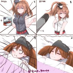 Rule 34 | 10s, 2girls, 4koma, anchor, bags under eyes, before and after, belt, black dress, breast envy, breast pocket, breasts, brown hair, card, comic, constricted pupils, disco brando, dreaming, dress, female focus, flat chest, grey eyes, hat, highres, kantai collection, long hair, missile, multiple girls, neckerchief, pocket, red neckerchief, remodel (kantai collection), ryuujou (kancolle), saratoga (kancolle), sleeping, smokestack, surprised, twitter username, visor cap, waking up, white background, white dress, wide-eyed