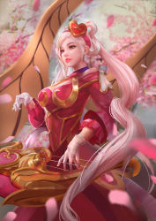 Rule 34 | 1girl, alternate costume, alternate hair color, cglas, cherry blossoms, dress, gloves, hair ornament, heart, instrument, league of legends, lipstick, long hair, looking to the side, makeup, petals, pink hair, red dress, solo, sona (league of legends), standing, sweetheart sona, twintails, very long hair, white gloves