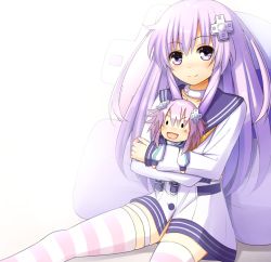 Rule 34 | 1girl, blush, d-pad, doria (p f dolia), hair ornament, holding, hugging doll, hugging object, long hair, looking at viewer, nepgear, neptune (series), purple eyes, purple hair, sitting, smile, solo, striped clothes, striped thighhighs, stuffed toy, thighhighs