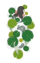 Rule 34 | 1girl, absurdres, black hair, flower, from above, from behind, hair flower, hair ornament, highres, kaname (emanalc), kneeless mermaid, lily pad, long hair, mermaid, monster girl, nature, nude, original, partially submerged, seaweed, solo, swimming, water, white background